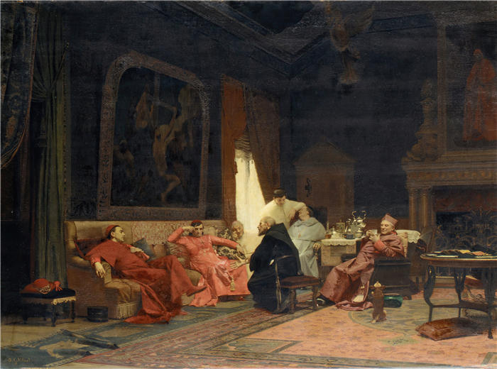 杰汉·乔治·维伯特（Jehan Georges Vibert ，法国画家）高清作品-《传教士历险记（约 1883 年）》