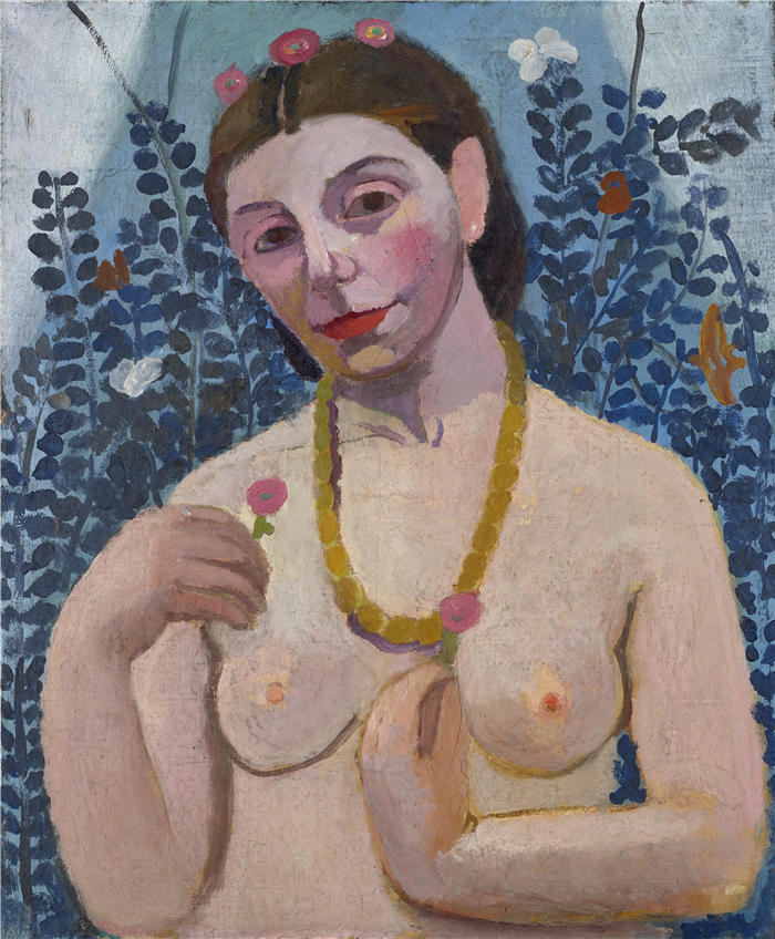 保拉·莫德松-贝克尔（Paula Modersohn-Becker，德国画家）高清油画作品-《琥珀项链的半身裸体自画像 II （1906 年）》