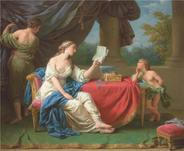 路易斯-让-弗朗索瓦·拉格尼（Louis-Jean-François Lagrenée，法国画家）高清油画作品-《佩内洛普读奥德修斯的一封信》