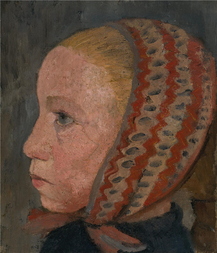 保拉·莫德松-贝克尔（Paula Modersohn-Becker，德国画家）高清油画作品-《左侧侧面带条纹帽的女孩头像（约 1905 年）》