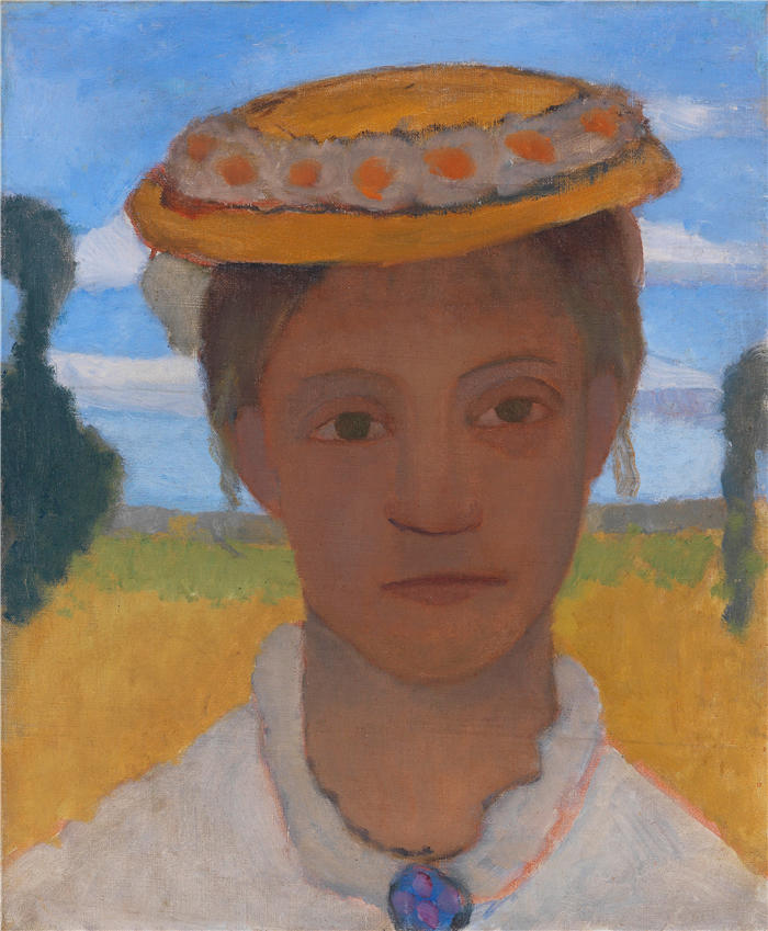 保拉·莫德松-贝克尔（Paula Modersohn-Becker，德国画家）高清油画作品-《帽子上戴着玛丽安花环的赫尔玛修女头像（1901年）》