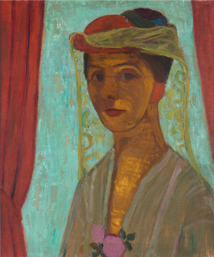 保拉·莫德松-贝克尔（Paula Modersohn-Becker，德国画家）高清油画作品-《戴帽子和面纱的自画像》