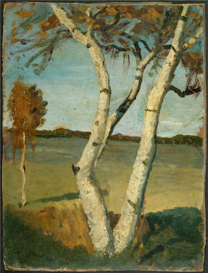 保拉·莫德松-贝克尔（Paula Modersohn-Becker，德国画家）高清油画作品-《风景中的白桦树（1899 年）》