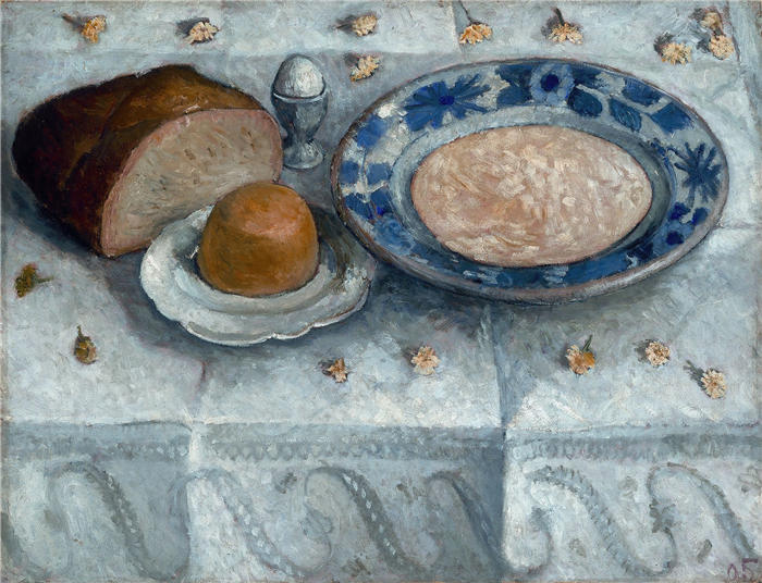 保拉·莫德松-贝克尔（Paula Modersohn-Becker，德国画家）高清油画作品-《静物加牛奶汤（早餐桌）（1905）》