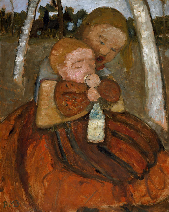 保拉·莫德松-贝克尔（Paula Modersohn-Becker，德国画家）高清油画作品-《在白桦树下抱着婴儿的女孩（1905 年）》