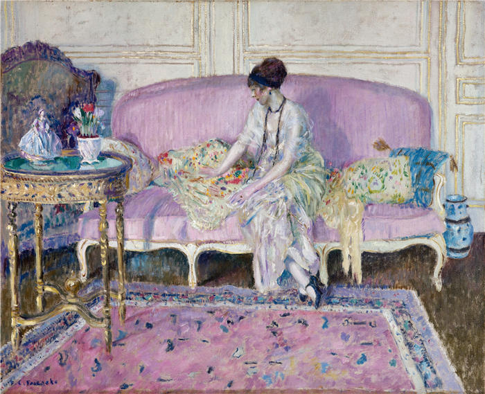 弗雷德里克·卡尔·弗里塞克（Frederick Carl Frieseke，美国画家）高清作品-《坐在室内沙发上的女人（1912-14 年）》