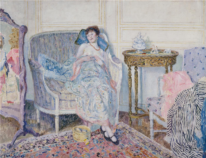 弗雷德里克·卡尔·弗里塞克（Frederick Carl Frieseke，美国画家）高清作品-《在闺房 (1914)》