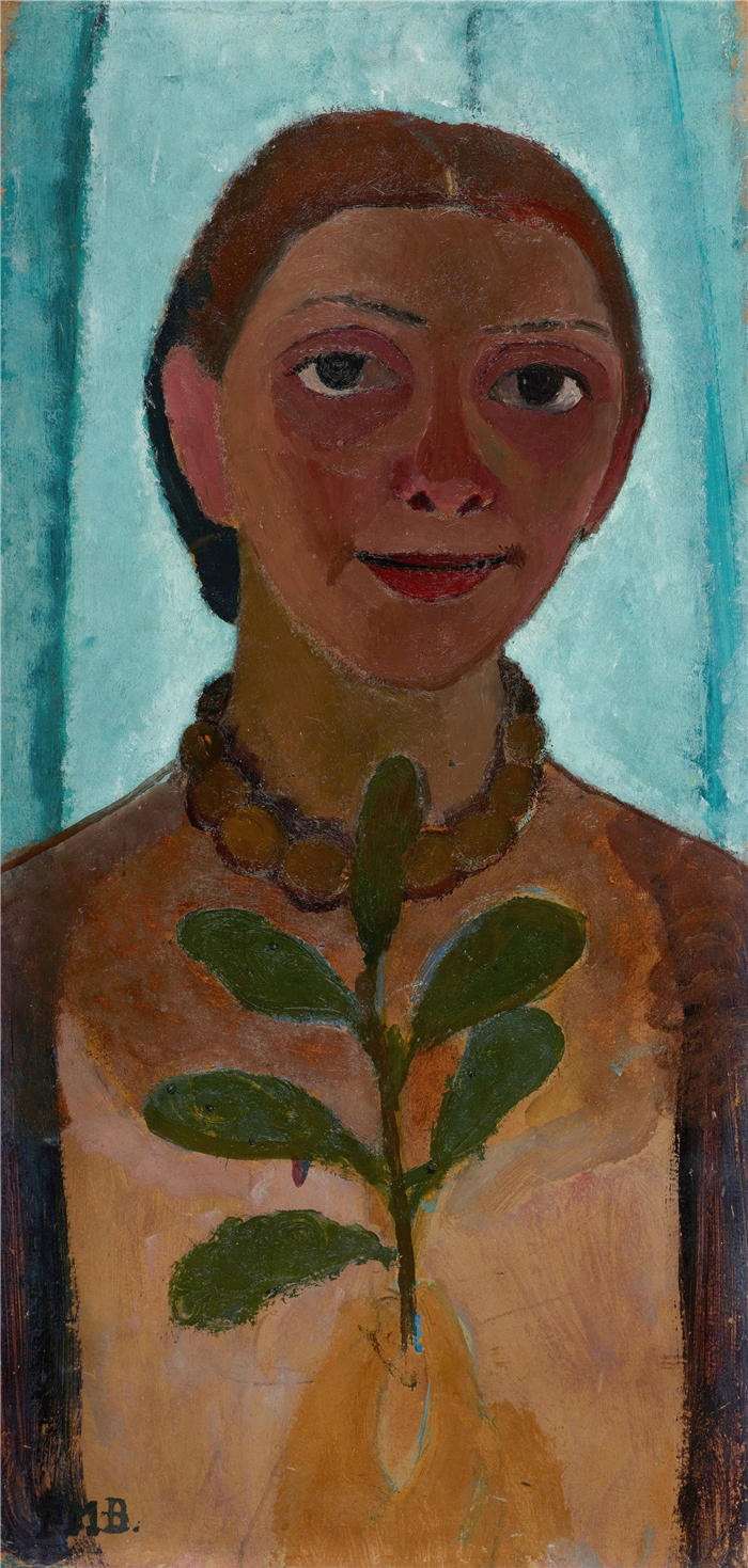 保拉·莫德松-贝克尔（Paula Modersohn-Becker，德国画家）高清油画作品-《带茶花枝的自画像（约 1906-1907 年）》