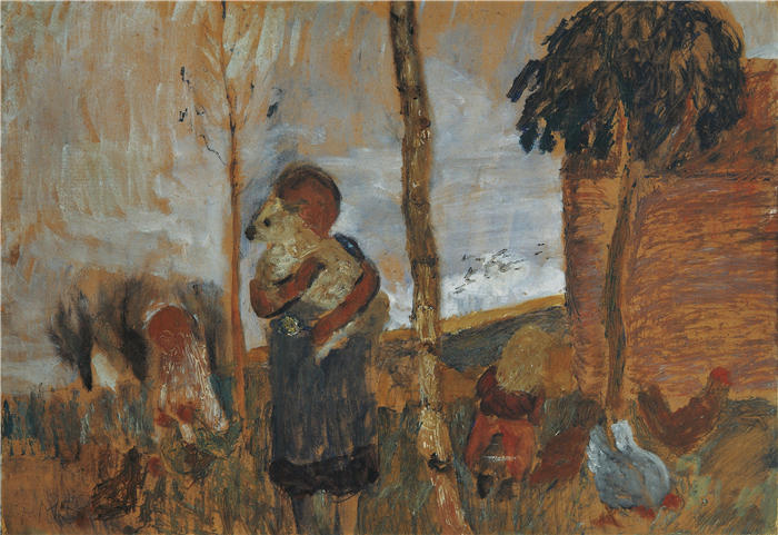 保拉·莫德松-贝克尔（Paula Modersohn-Becker，德国画家）高清油画作品-《风景前的儿童和鸡（约 1902 年）》