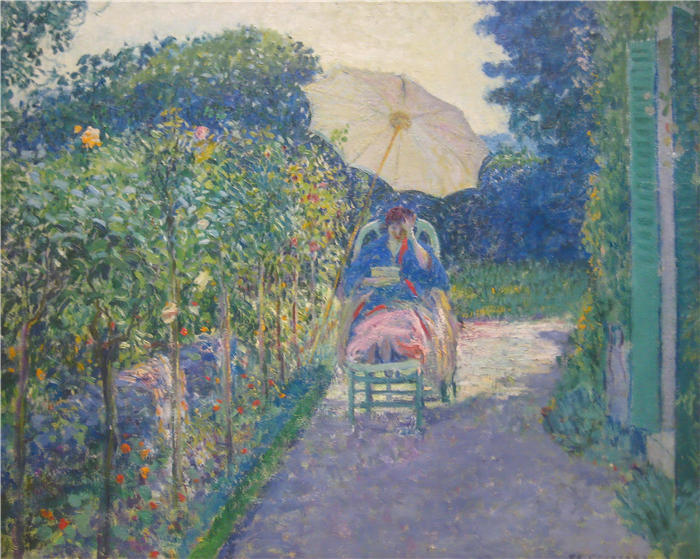 弗雷德里克·卡尔·弗里塞克（Frederick Carl Frieseke，美国画家）高清作品-《坐在花园里的女人 (1914)》