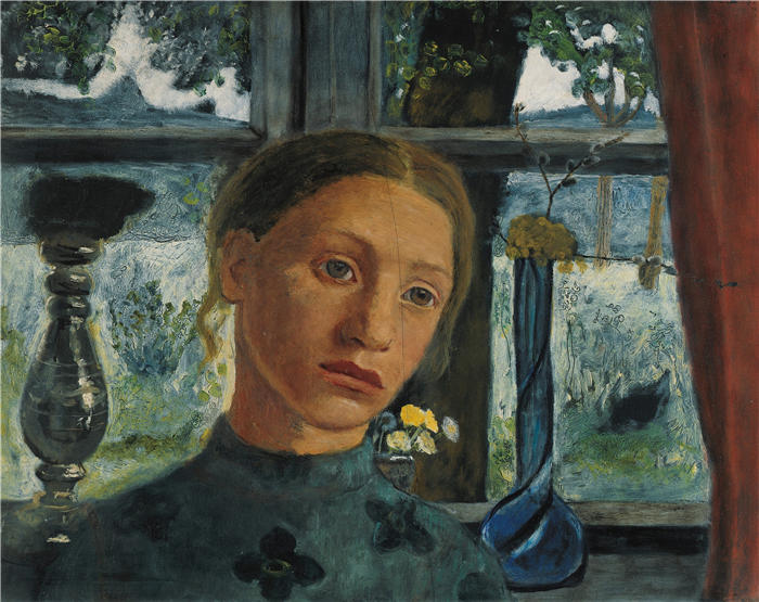 保拉·莫德松-贝克尔（Paula Modersohn-Becker，德国画家）高清油画作品-《窗前的女孩头像（约 1902 年）》