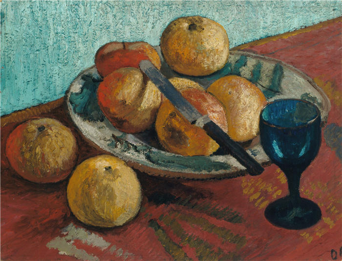 保拉·莫德松-贝克尔（Paula Modersohn-Becker，德国画家）高清油画作品-《苹果和绿色玻璃的静物（1906）》