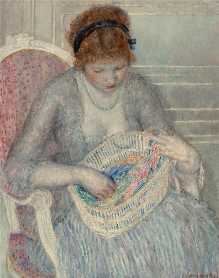 弗雷德里克·卡尔·弗里塞克（Frederick Carl Frieseke，美国画家）高清作品-《提着一篮丝带的女孩 (1915)》