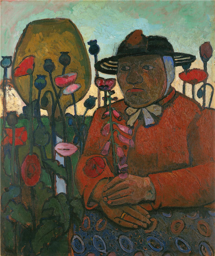保拉·莫德松-贝克尔（Paula Modersohn-Becker，德国画家）高清油画作品-《拿着玻璃球和罂粟花的可怜的老妇人（1907 年）》