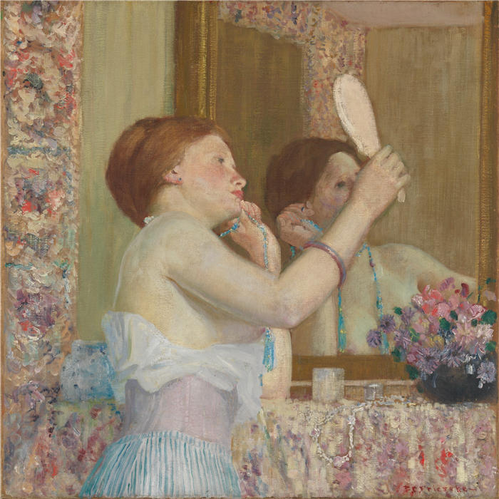 弗雷德里克·卡尔·弗里塞克（Frederick Carl Frieseke，美国画家）高清作品-《带镜子的女人（Femme qui se mire）（1911）》