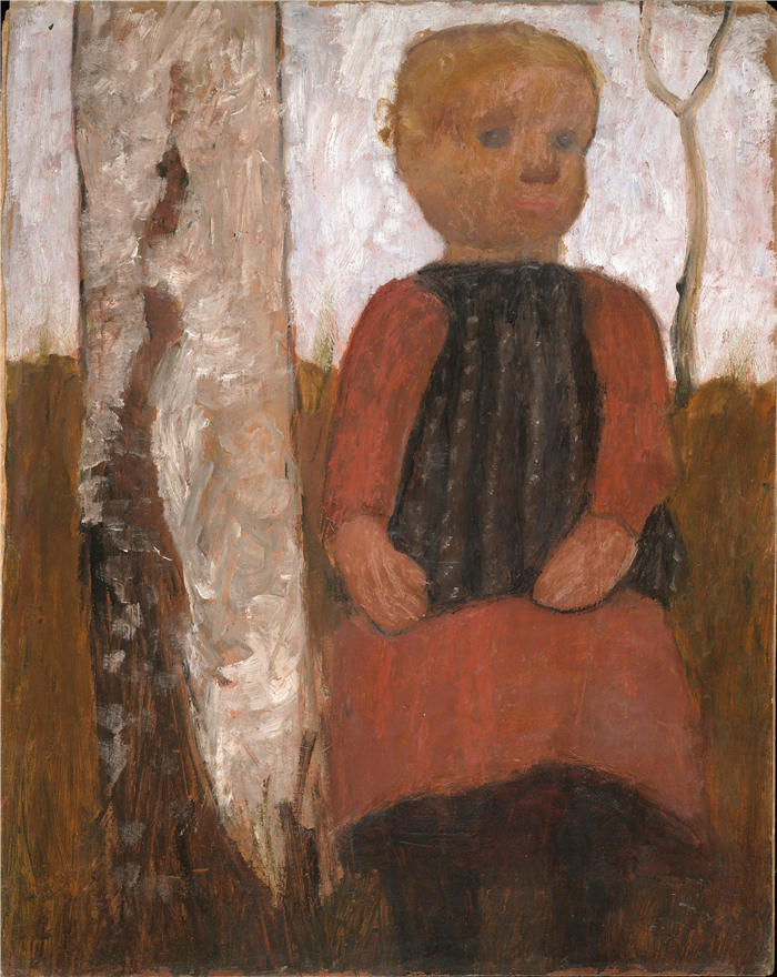 保拉·莫德松-贝克尔（Paula Modersohn-Becker，德国画家）高清油画作品-《穿红裙子的女孩（约 1905 年）》
