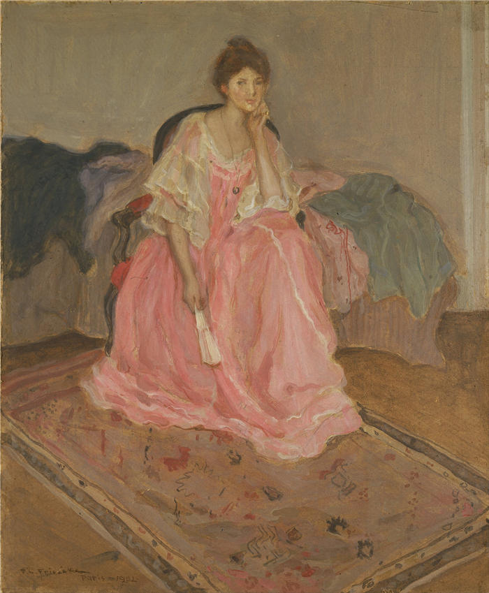 弗雷德里克·卡尔·弗里塞克（Frederick Carl Frieseke，美国画家）高清作品-《粉红女郎 (1902)》