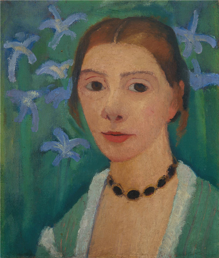 保拉·莫德松-贝克尔（Paula Modersohn-Becker，德国画家）高清油画作品-《在绿色背景和蓝色虹膜前的自画像（1900 年至 1907 年之间）》