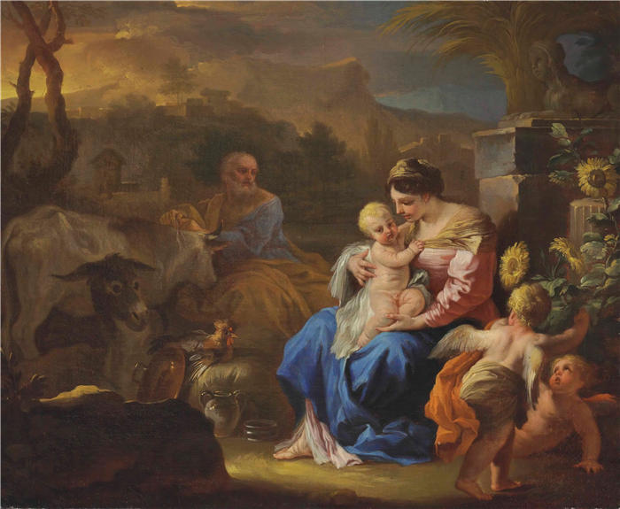 弗朗切斯科·索利梅纳 （ Francesco Solimena，意大利画家）高清作品-《飞往埃及的其余航班》