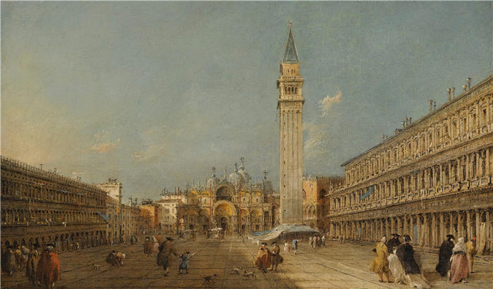 弗朗切斯科·瓜迪（Francesco Guardi，意大利画家)高清作品-《威尼斯，圣马可广场与大教堂和钟楼》