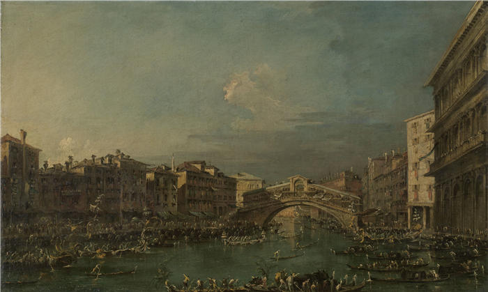 弗朗切斯科·瓜迪（Francesco Guardi，意大利画家)高清作品-《威尼斯里亚托桥附近的大运河上的帆船赛（1780 - 1793 年）》