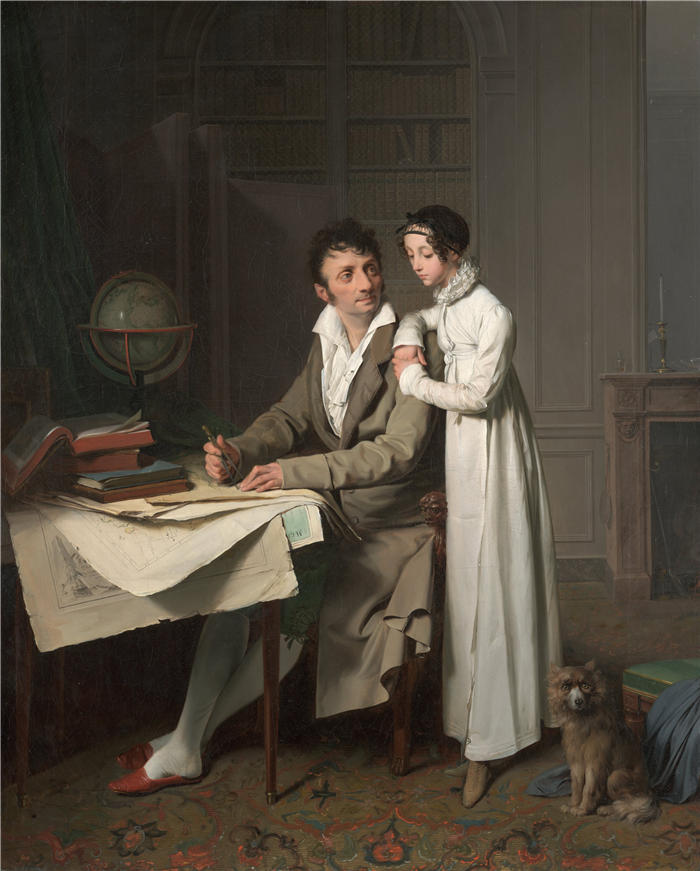 路易·莱奥波德·博伊（Louis Léopold Boilly，法国画家）高清作品-《地理课（高德利先生和他女儿的肖像）（1812 年）》