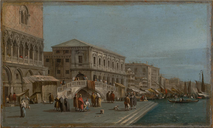 弗朗切斯科·瓜迪（Francesco Guardi，意大利画家)高清作品-《威尼斯 Molo 和 Riva degli Schiavone 的景色（约 1750 年）》