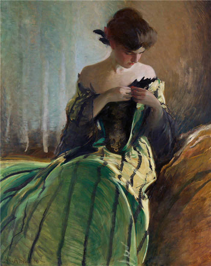 约翰·怀特·亚历山大（John White Alexander，美国画家）高清作品-《研究黑色和绿色（到 1906 年）》