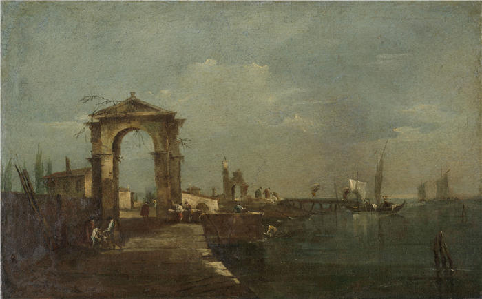 弗朗切斯科·瓜迪（Francesco Guardi，意大利画家)高清作品-《景观与码头和湖上的船只（1760 - 1780）》
