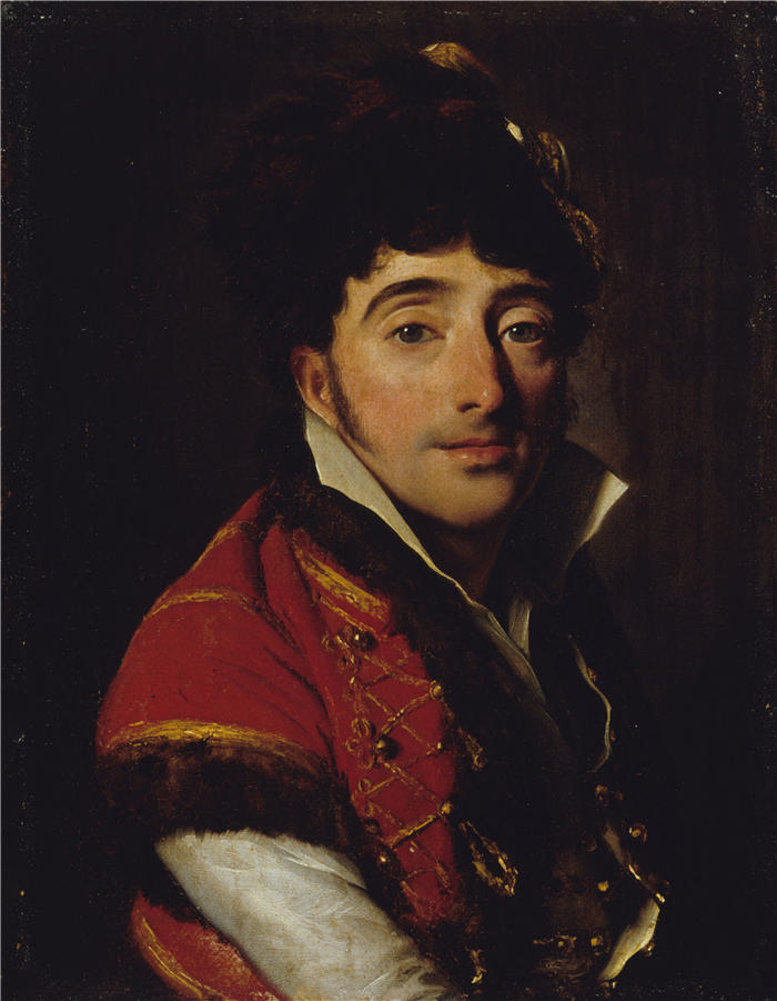 路易·莱奥波德·博伊（Louis Léopold Boilly，法国画家）高清作品-《演员肖像，红色夹克，褶边（1800）》