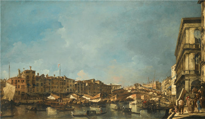 弗朗切斯科·瓜迪(Francesco Guardi,意大利画家)高清作品-《威尼斯,从 Fondamenta Del Carbon 向北看的里亚托桥景观》