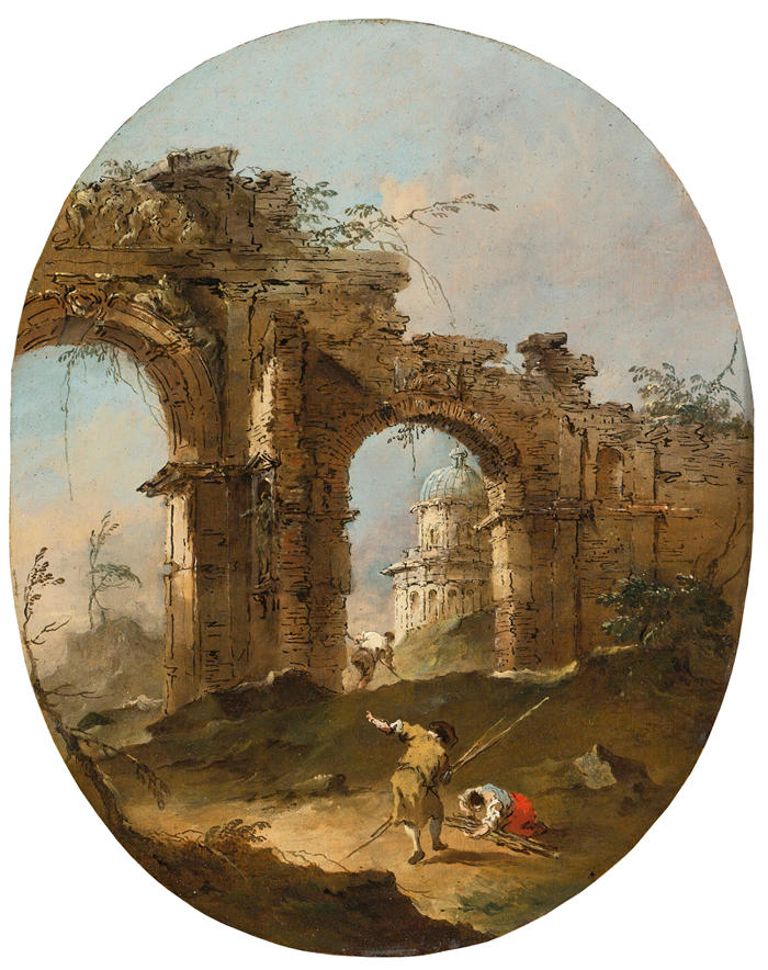 弗朗切斯科·瓜迪（Francesco Guardi，意大利画家)高清作品-《一个建筑随想曲与一个被毁的拱门的数字》
