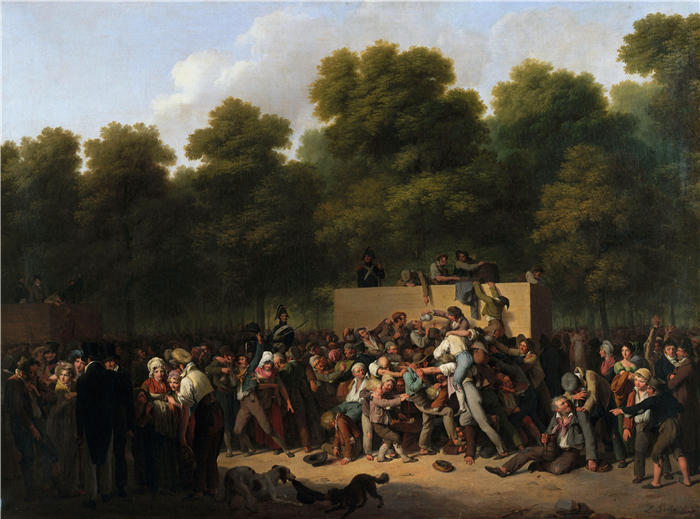 路易·莱奥波德·博伊（Louis Léopold Boilly，法国画家）高清作品-《在香榭丽舍大街上分发葡萄酒和食物，庆祝国王节（1822年）》
