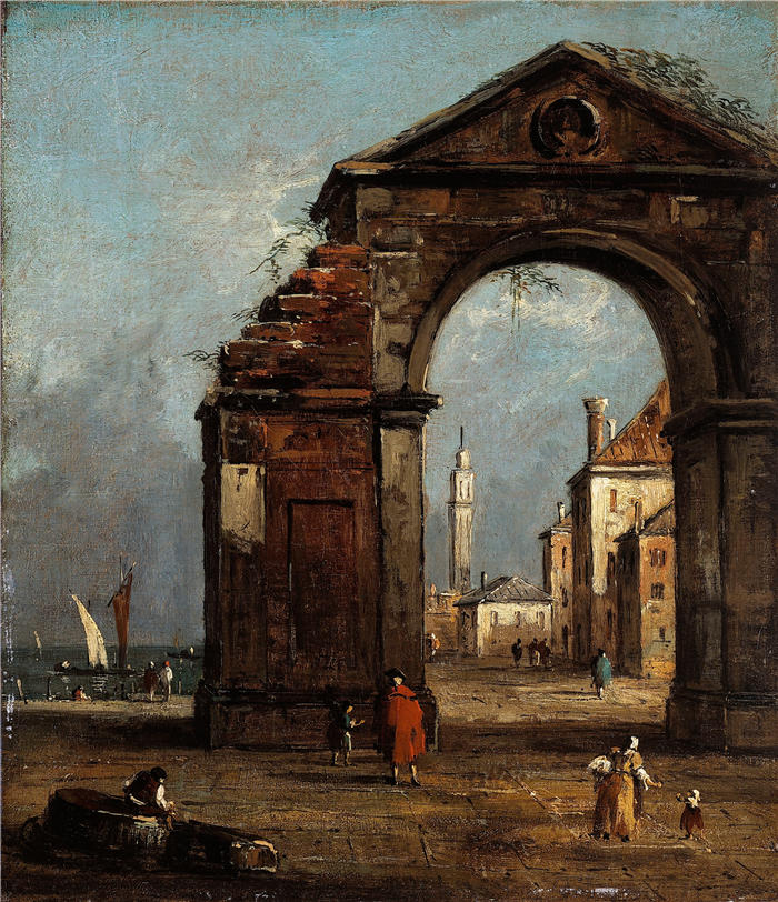 弗朗切斯科·瓜迪（Francesco Guardi，意大利画家)高清作品-《凯旋门倒塌，泻湖边风景如画》