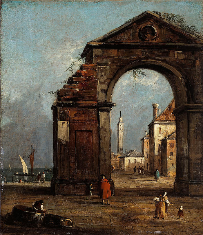 弗朗切斯科·瓜迪(Francesco Guardi,意大利画家)高清作品-《凯旋门倒塌,泻湖边风景如画》
