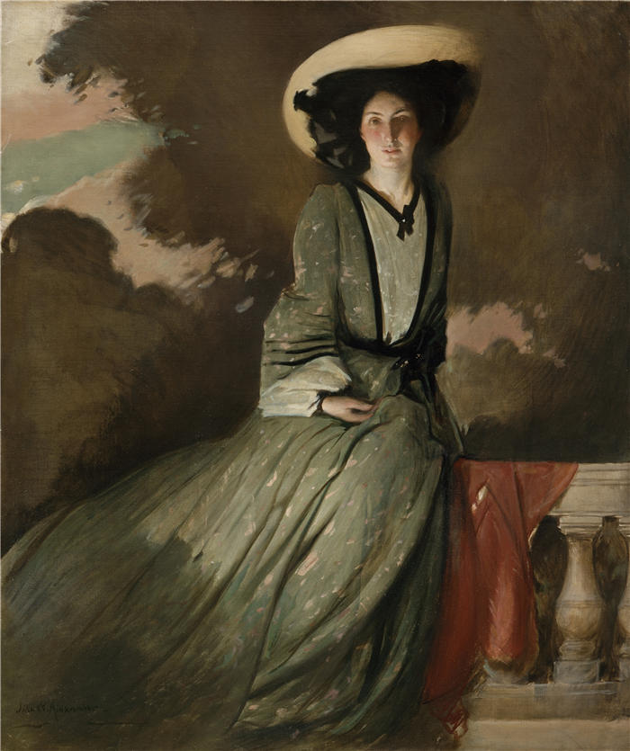 约翰·怀特·亚历山大（John White Alexander，美国画家）高清作品-《约翰·怀特·亚历山大夫人的肖像（约 1902 年）》