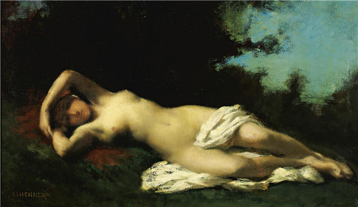 让-雅克·亨纳 (Jean-Jacques Henner,法国画家)高清油画作品-《树木繁茂的景观中的仙女》