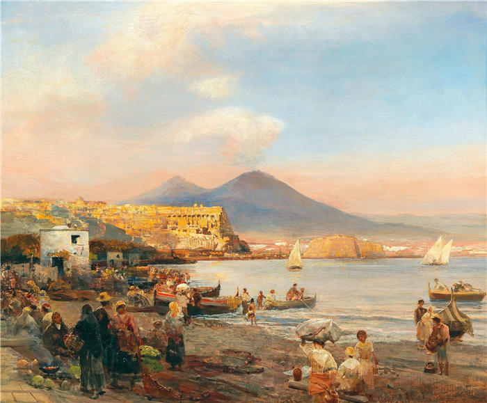 奥斯瓦尔德·阿亨巴赫(Oswald Achenbach,德国画家)高清作品-《那不勒斯湾的日落》