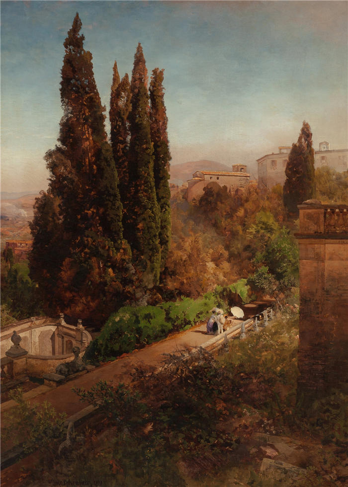 奥斯瓦尔德·阿亨巴赫(Oswald Achenbach,德国画家)高清作品-《从高处俯瞰罗马弗拉斯卡蒂的托洛尼亚别墅花园(1881 年)》