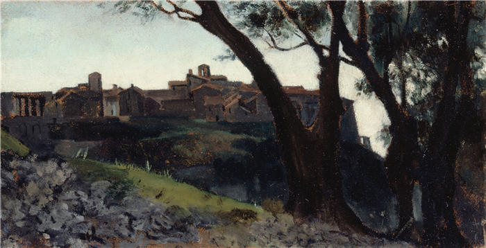 让-雅克·亨纳 (Jean-Jacques Henner，法国画家)高清油画作品-《意大利风景-暮色中的村庄（1859-1860）》