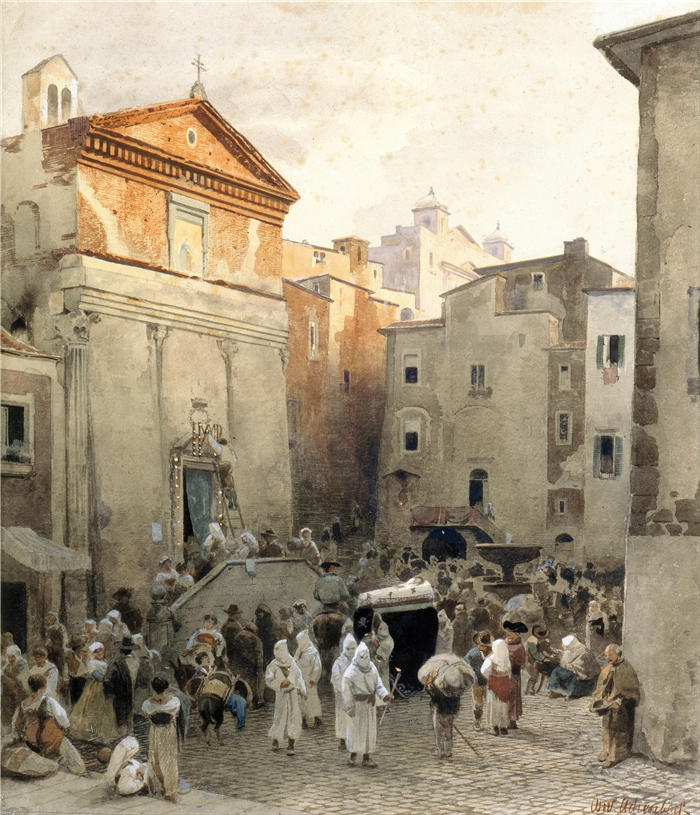 奥斯瓦尔德·阿亨巴赫(Oswald Achenbach,德国画家)高清作品-《帕莱斯特里纳的葬礼(约 1857 年)》