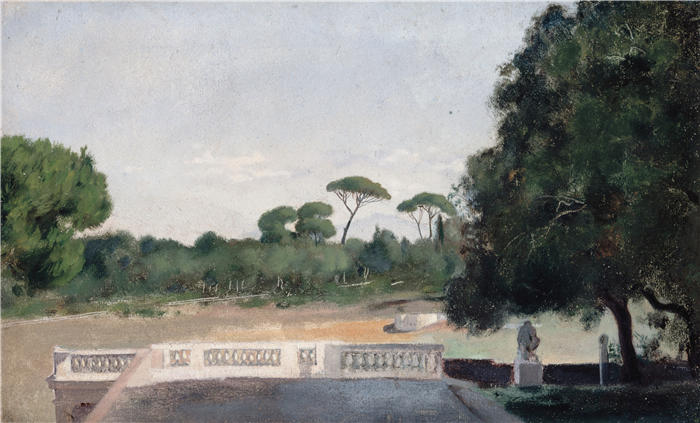 让-雅克·亨纳 (Jean-Jacques Henner，法国画家)高清油画作品-《从罗马的美第奇别墅（1859-1860）可以看到博吉斯别墅的花园》
