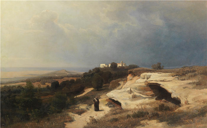 奥斯瓦尔德·阿亨巴赫(Oswald Achenbach,德国画家)高清作品-《wondernden Mönch的竞选景观(1850)》