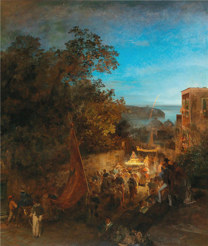 奥斯瓦尔德·阿亨巴赫(Oswald Achenbach,德国画家)高清作品-《伊斯基亚——圣安妮节,卡萨米奇奥拉》