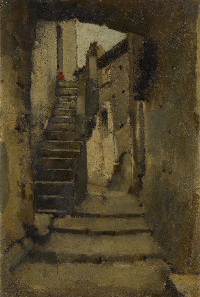 让-雅克·亨纳 (Jean-Jacques Henner，法国画家)高清油画作品-《罗马小巷里的楼梯（1859-1864）》