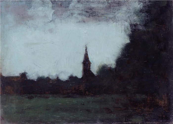 让-雅克·亨纳 (Jean-Jacques Henner,法国画家)高清油画作品-《阿尔萨斯风景,伯恩威勒钟楼(1890-1905)》