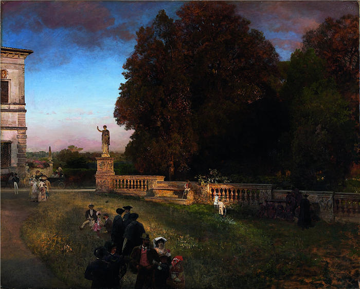奥斯瓦尔德·阿亨巴赫(Oswald Achenbach,德国画家)高清作品-《在博尔盖塞别墅公园(1886 年)》
