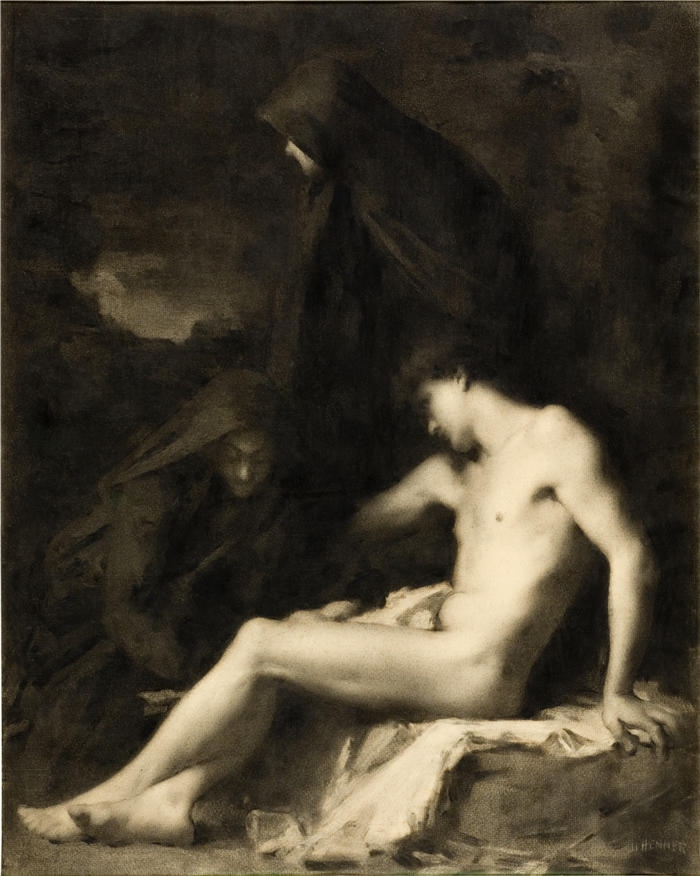 让-雅克·亨纳 (Jean-Jacques Henner，法国画家)高清油画作品-《圣艾琳出席的圣塞巴斯蒂安（约 1889 年）》