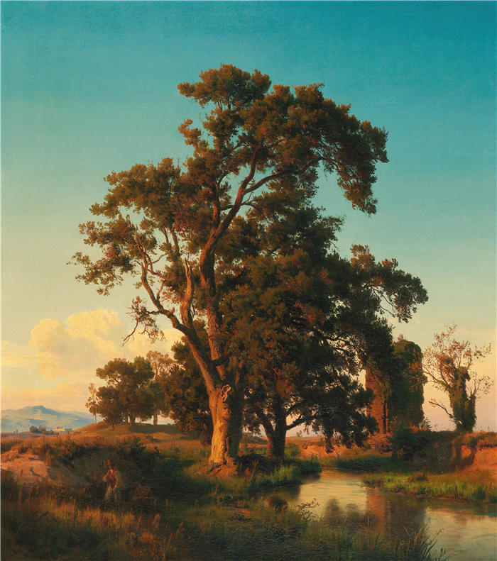 奥斯瓦尔德·阿亨巴赫(Oswald Achenbach,德国画家)高清作品-《傍晚灯光下的一棵雄伟的树》