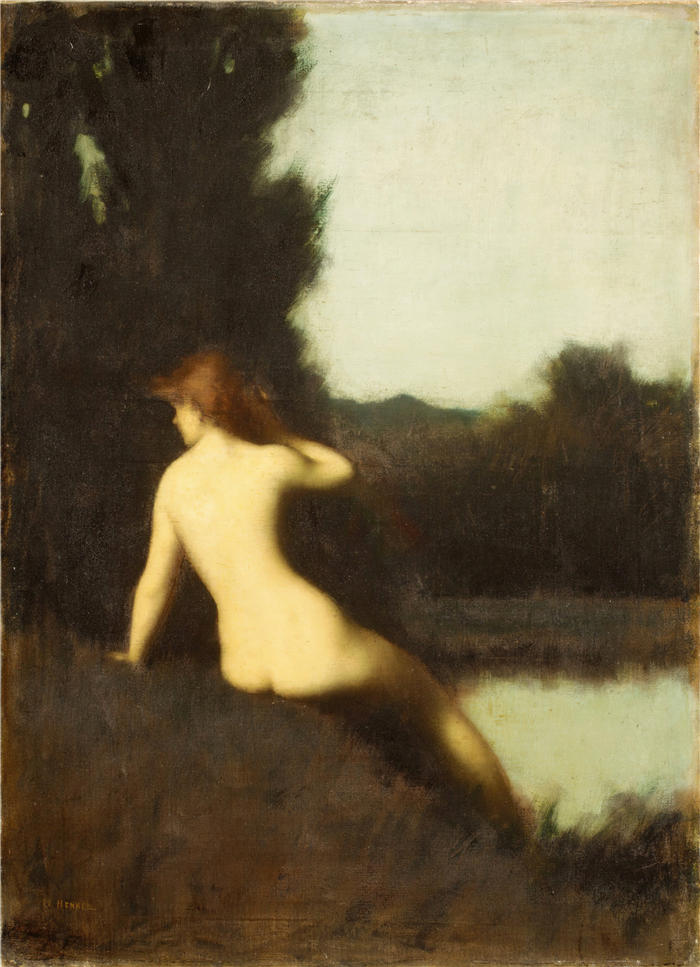 让-雅克·亨纳 (Jean-Jacques Henner，法国画家)高清油画作品-《沐浴者（回声）（1881）》